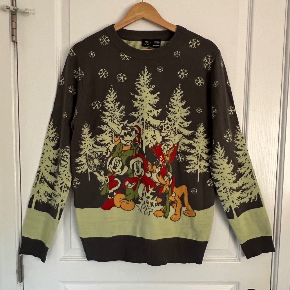 Disney Vintage Mickey Mouse & Friends Y2K Mens Christmas Sweater Green Gray Med